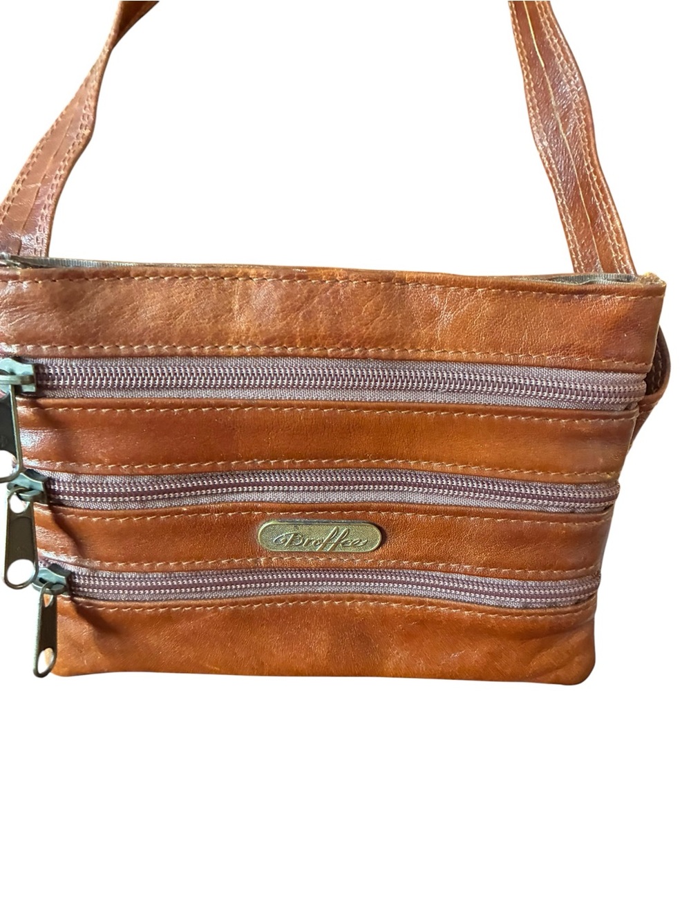 Brown Leather Crossbody Bag with Triple Zip Front - Carolee